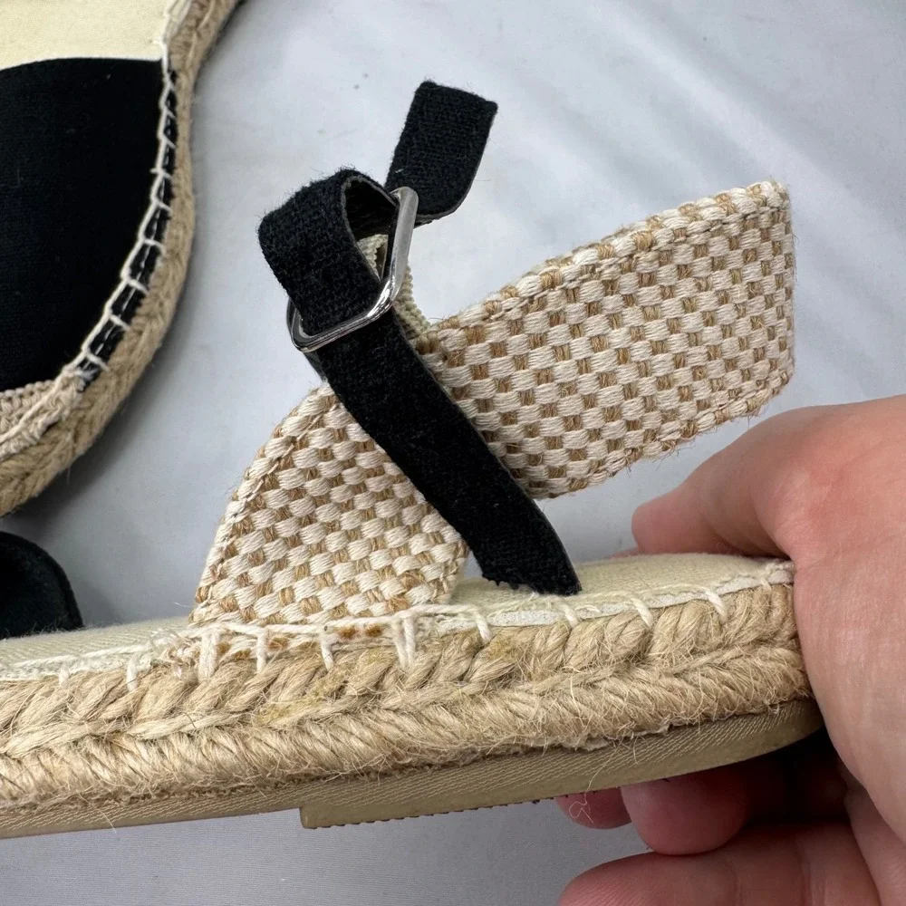 Primark Espadrille Sandals Womens 7 Black Ankle Strap Wide Fit Boho Summer Flat